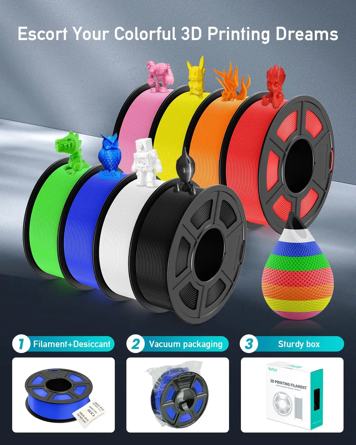 SUNLU 10KG PETG/ABS Filaments 10Rolls 3D Filament 1KG/roll 1.75mm 100% Filament Lines Up Neatly For 3D Printing From EU US